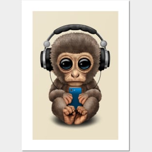 Cute Baby Monkey With Cell Phone Wearing Headphones Posters and Art